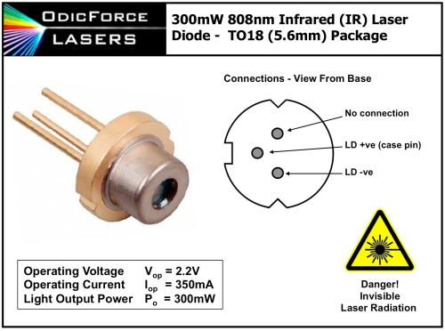 808nm 300mW Infrared (IR) Laser Diode (TO56 5.6mm)