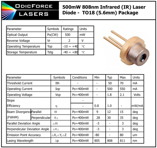 808nm 500mW Infrared (IR) Laser Diode (TO56 5.6mm)