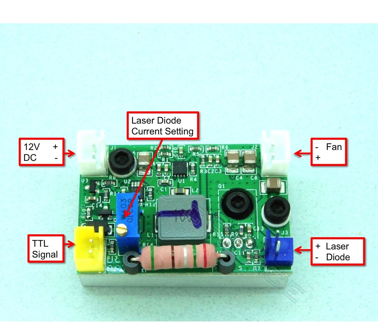 Adjustable current laser diode driver 80-500mA w/TTL blue board 