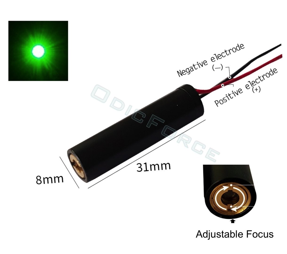 1mW Green (532nm) Adjustable Focus Dot Laser Module (8mm) Class 2