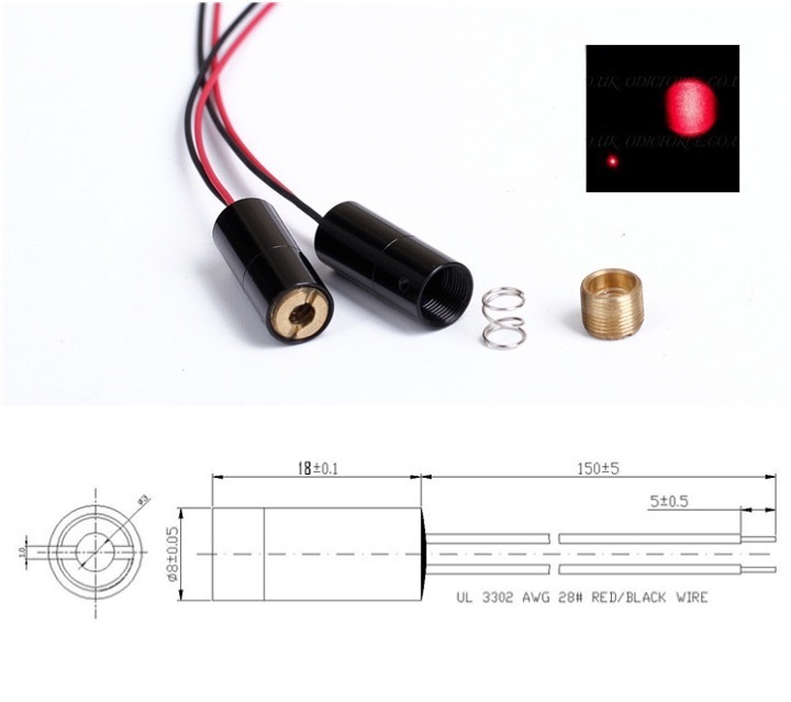 Class 1 (0.5mW) and Class 2 (1.0mW) Red (635nm) Focusing Dot Pattern Laser Module (8mm)